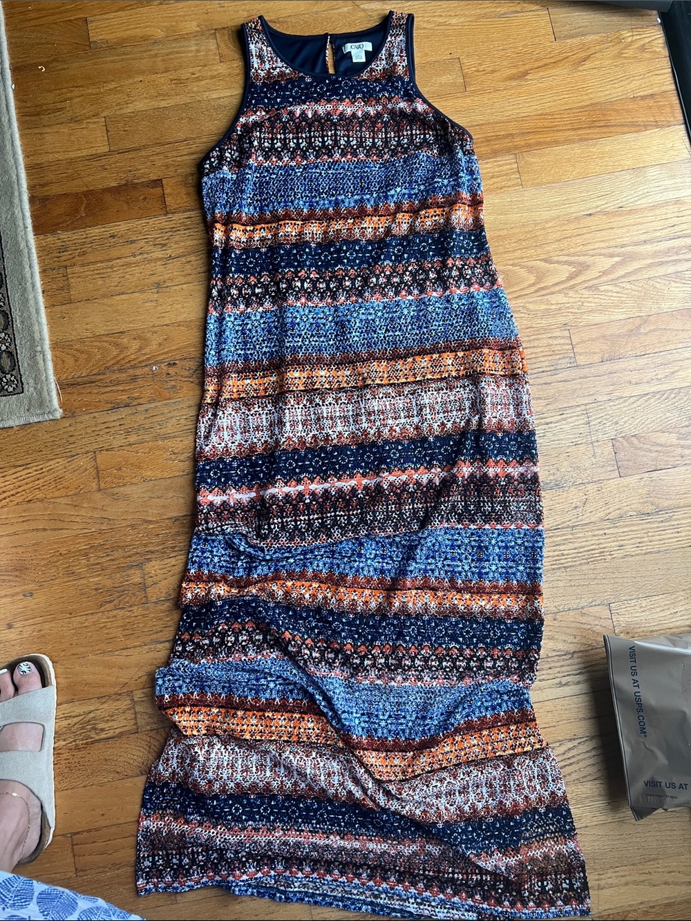 Cato Striped Printed Maxi Dress in Navy, Blue & Orange